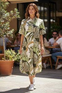 VLT'S BY VALENTINA'S FLORAL DRESS - GREEN/TAN