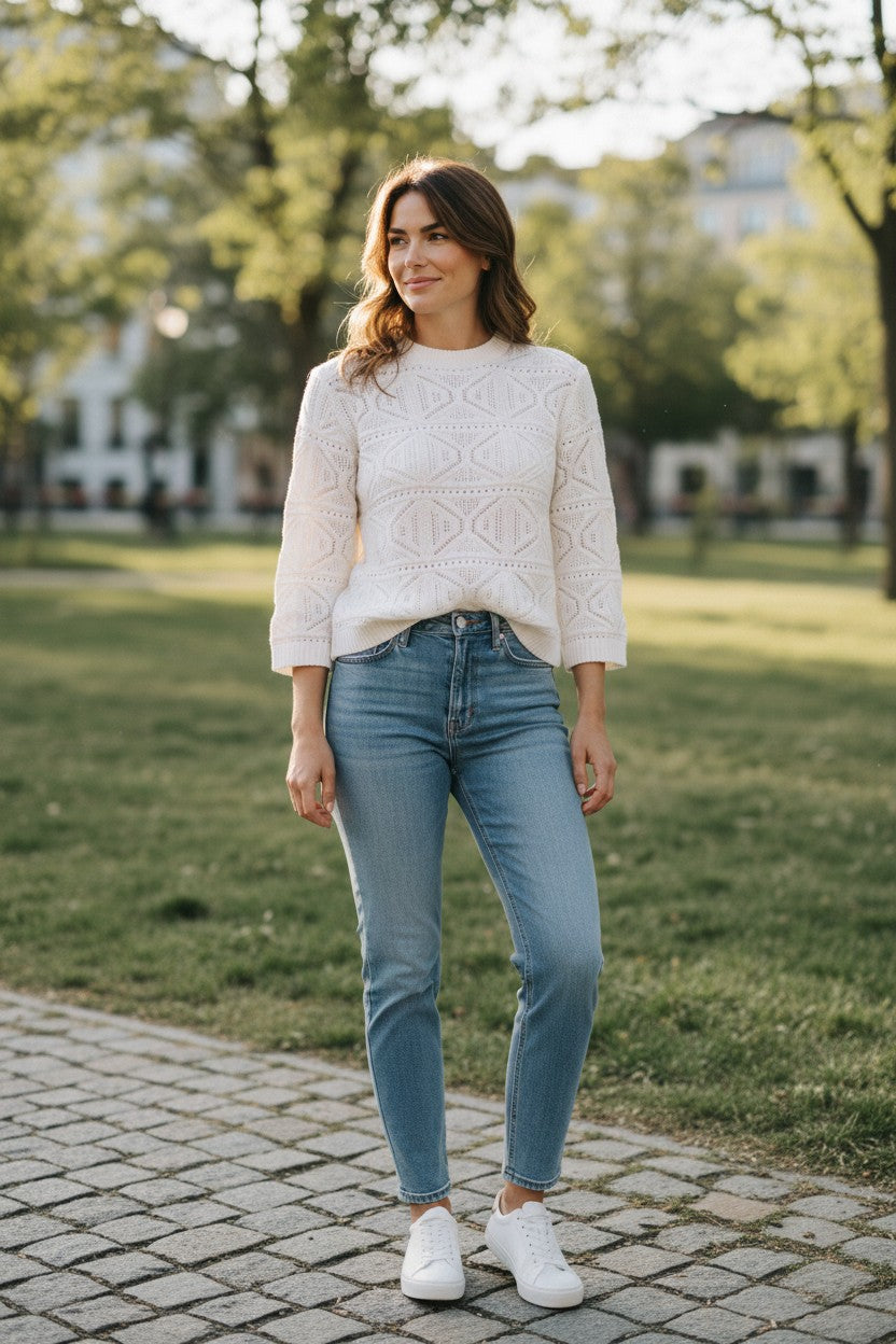 PUROTATTO ROUND NECK DIAMOND SWEATER - WHITE