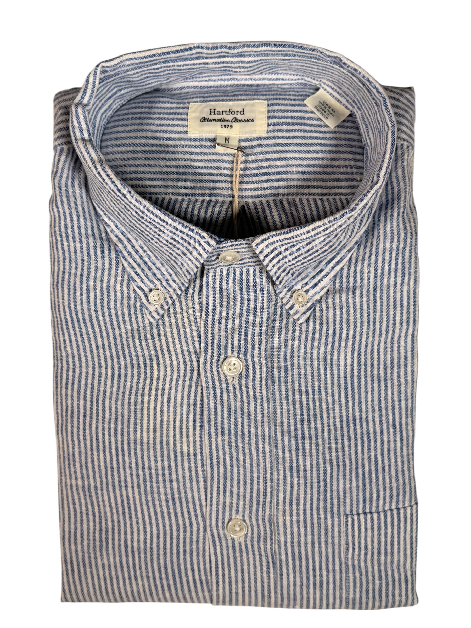 HARTFORD MEN'S CASUAL LINEN SHIRT - NAVY & WHITE PINSTRIPE