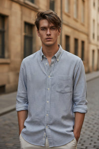 HARTFORD MEN'S CASUAL LINEN SHIRT - NAVY & WHITE PINSTRIPE