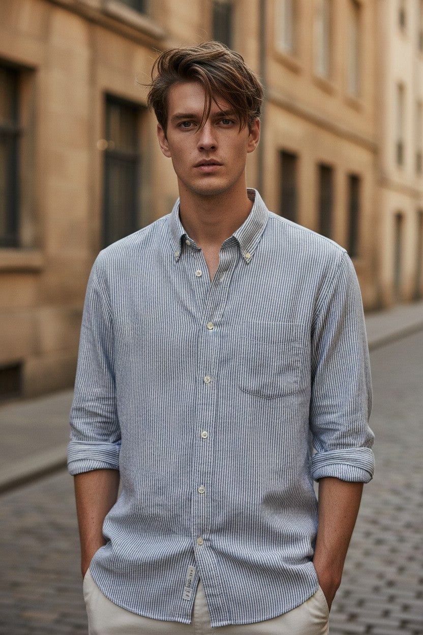 HARTFORD MEN'S CASUAL LINEN SHIRT - NAVY & WHITE PINSTRIPE