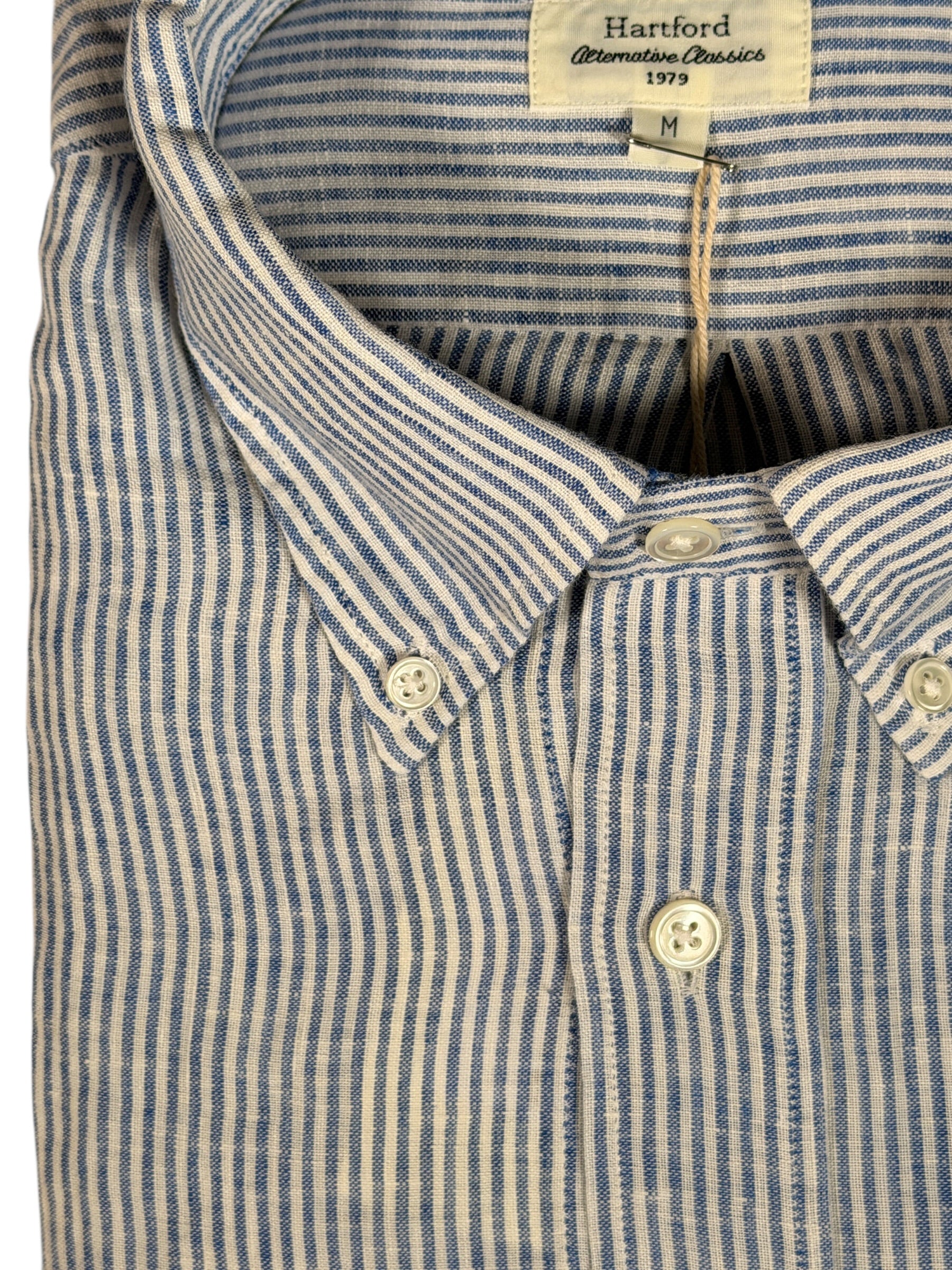 HARTFORD MEN'S CASUAL LINEN SHIRT - NAVY & WHITE PINSTRIPE