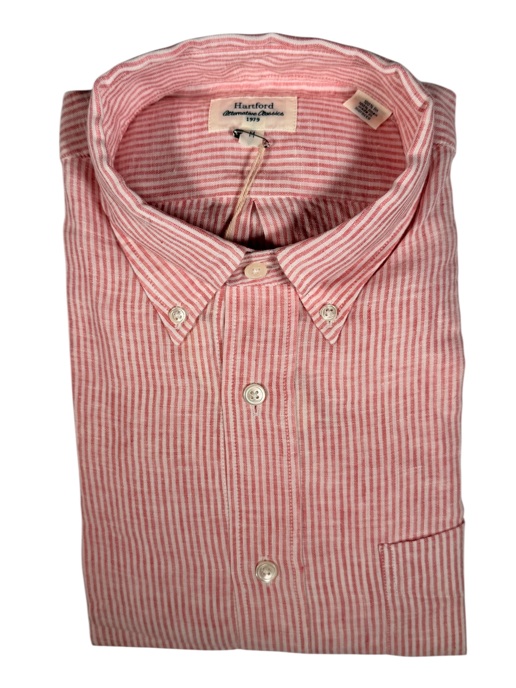 HARTFORD MEN'S CASUAL LINEN SHIRT - PINK & WHITE PINSTRIPE