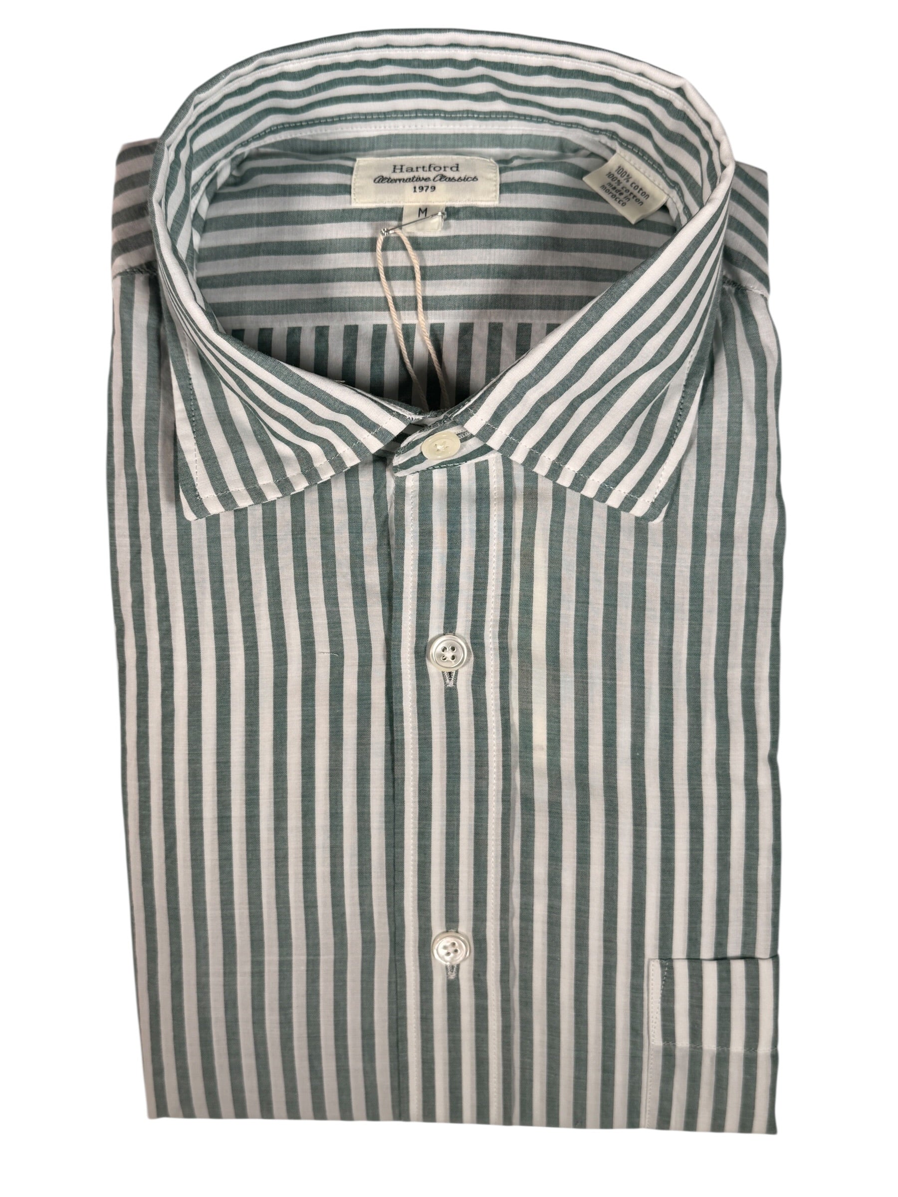 HARTFORD MEN'S CASUAL COTTON SHIRT - GREEN & WHITE STRIPE
