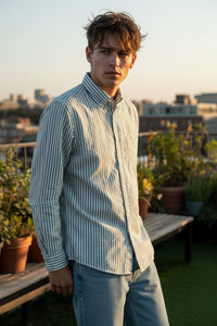 HARTFORD MEN'S CASUAL COTTON SHIRT - GREEN & WHITE STRIPE