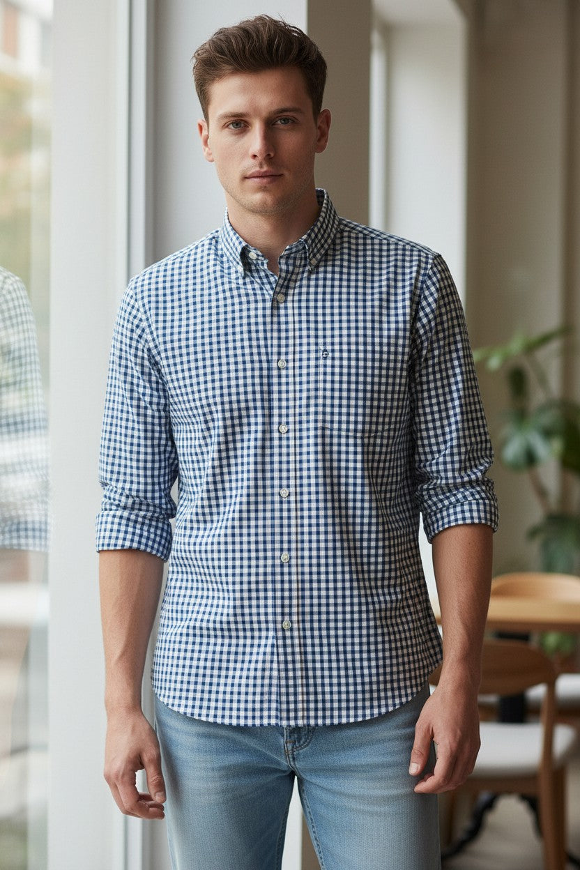 GIANGI NAPOLI MEN'S SHIRT - NAVY PANAMA CHECK