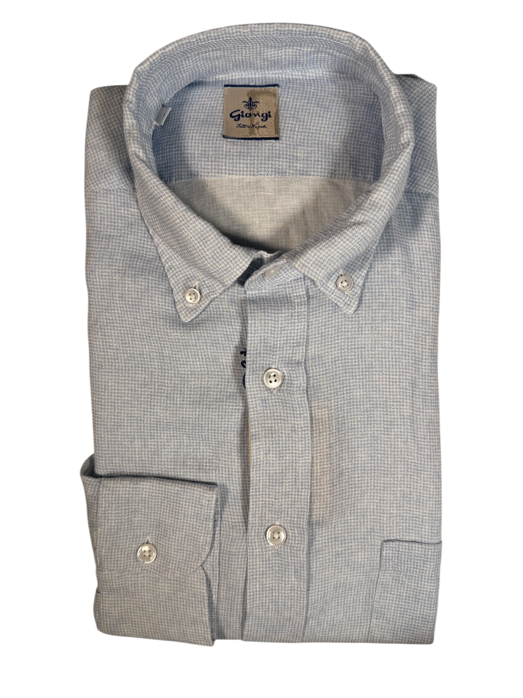 GIANGI NAPOLI MEN'S LINEN BLEND SHIRT - LIGHT BLUE HOUNDSTOOTH