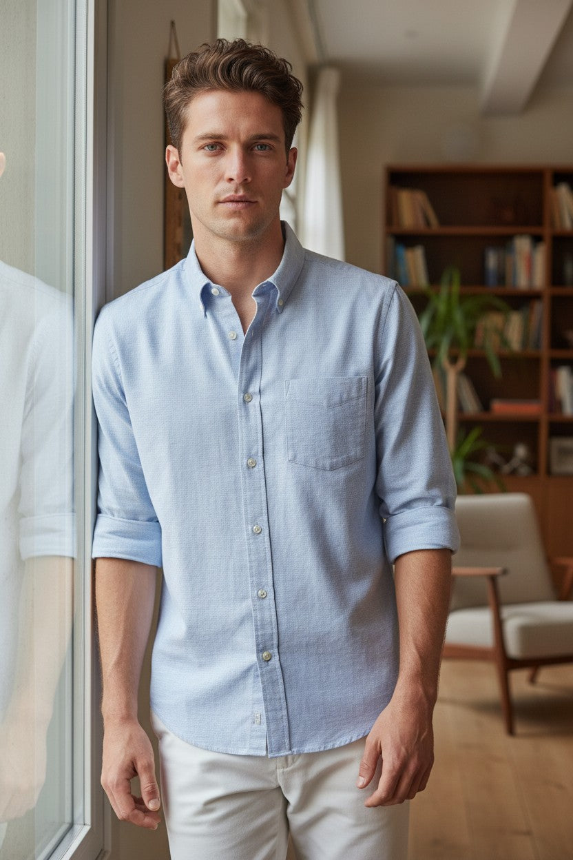 GIANGI NAPOLI MEN'S LINEN BLEND SHIRT - LIGHT BLUE HOUNDSTOOTH