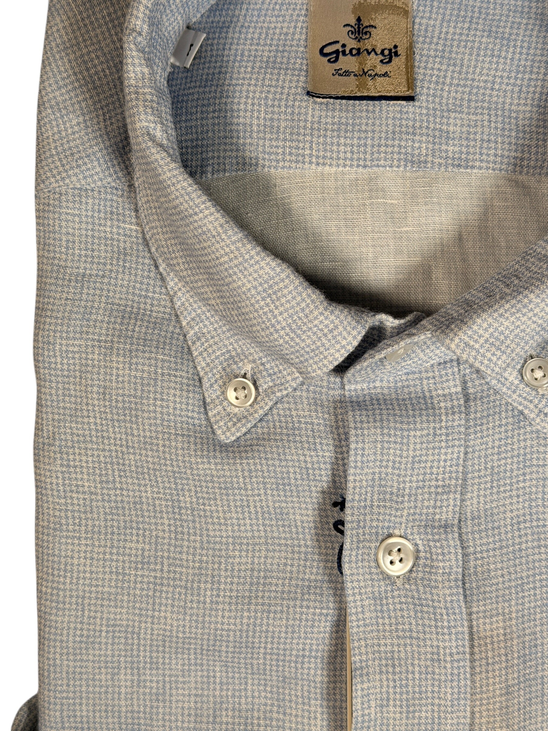 GIANGI NAPOLI MEN'S LINEN BLEND SHIRT - LIGHT BLUE HOUNDSTOOTH