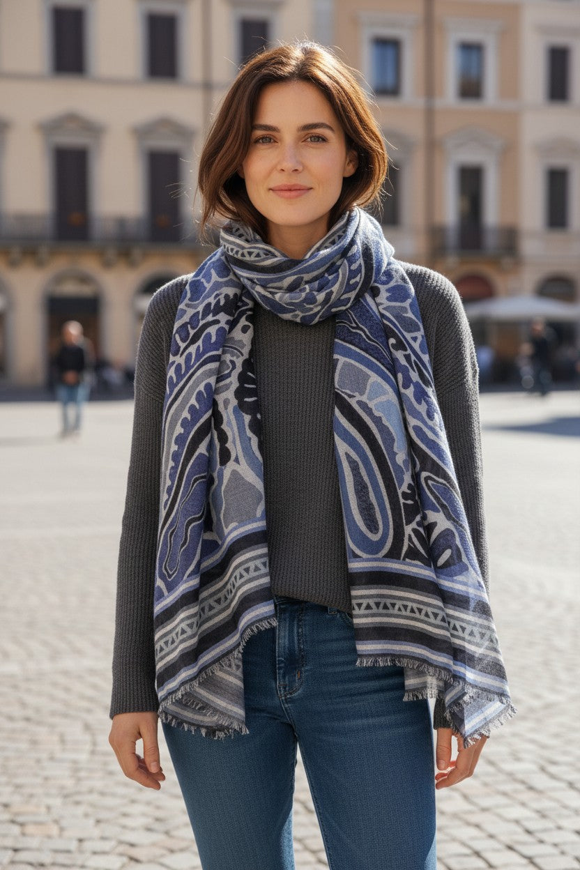 19ANDREA'S47 CASHMERE & SILK SCARF - NAVY PAISLEY