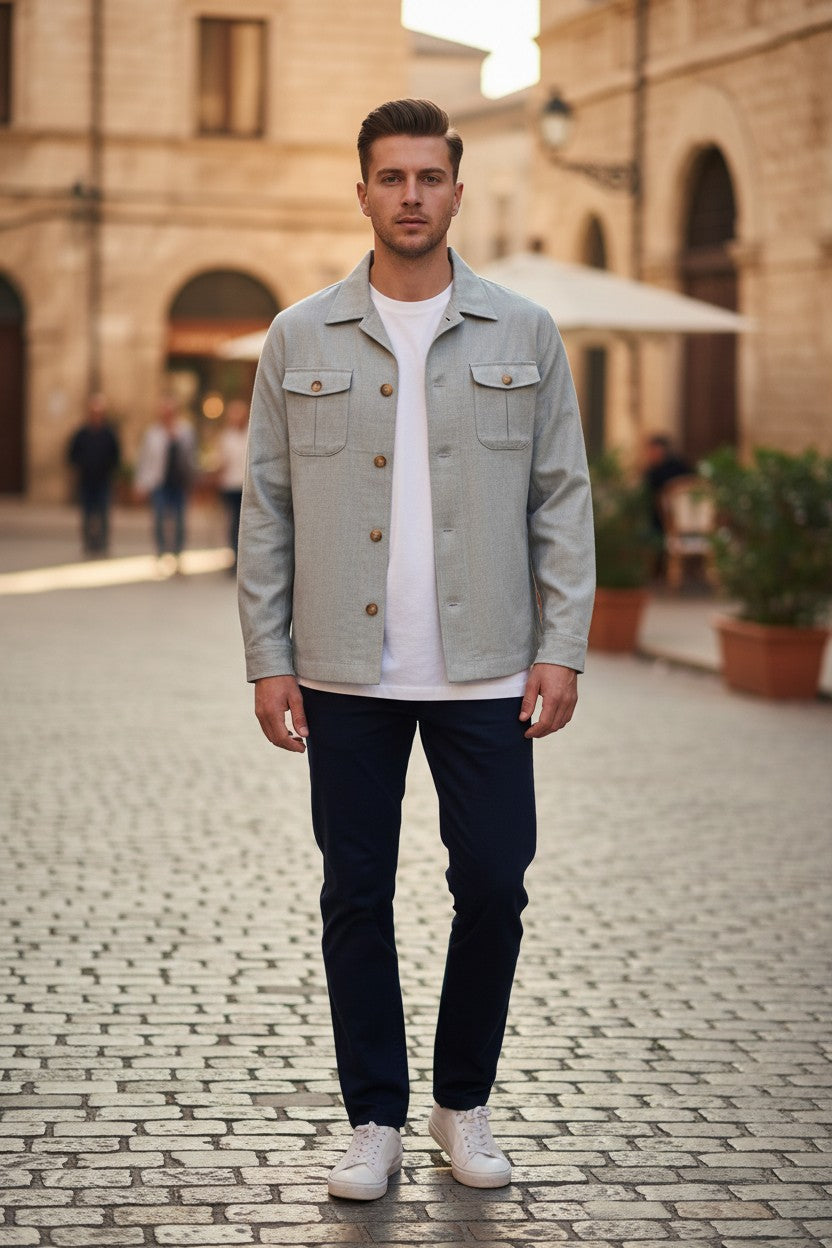 BUTTON DOWN MEN’S HERRINGBONE SAFARI JACKET - STEEL BLUE