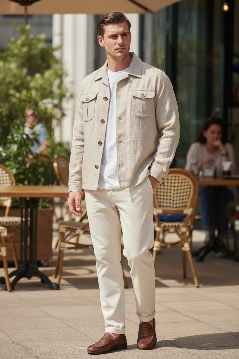 BUTTON DOWN MEN’S HERRINGBONE SAFARI JACKET - TAN