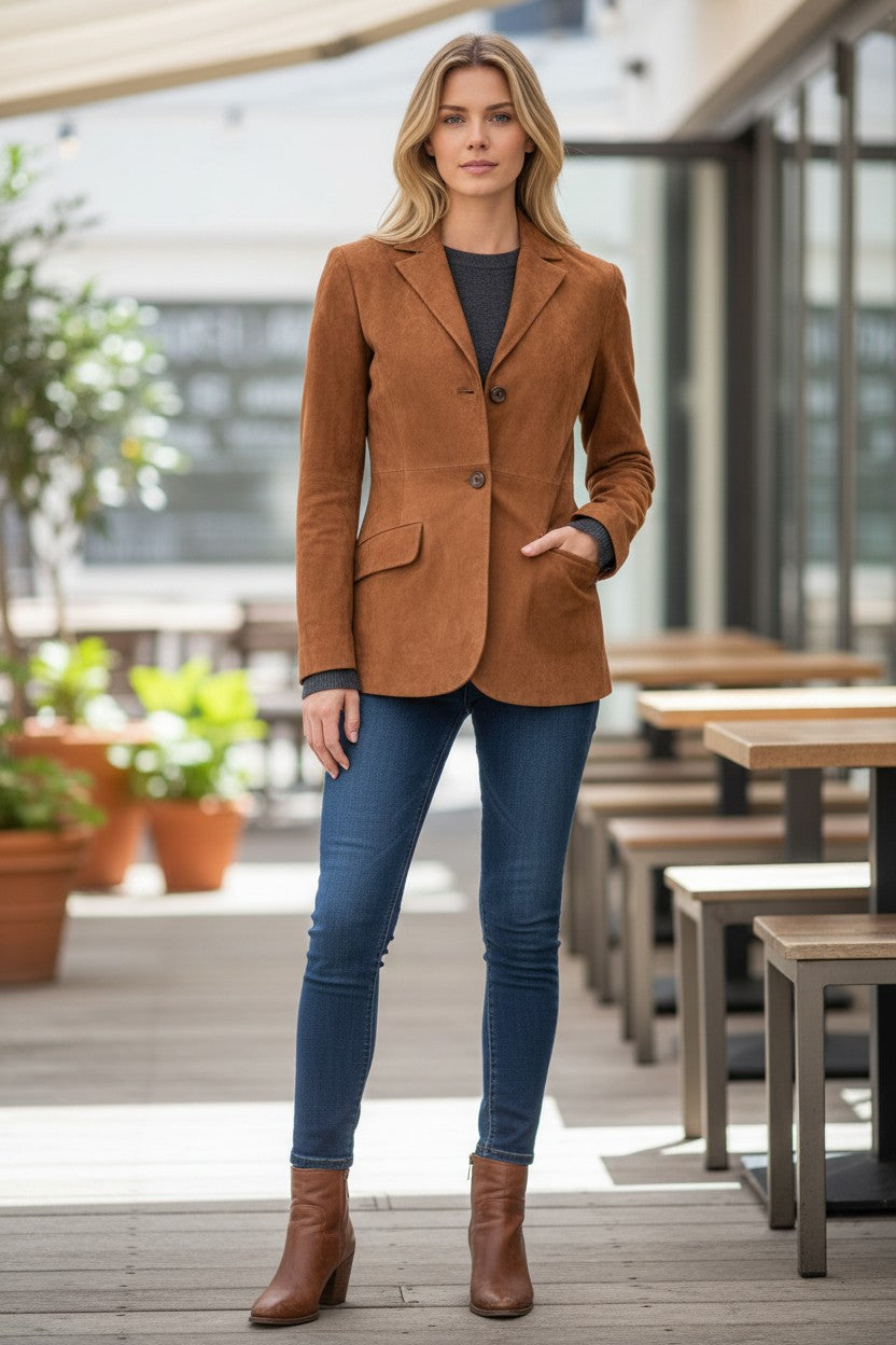 VIA MASINI 80 WOMEN'S SUEDE BLAZER - CUOIO