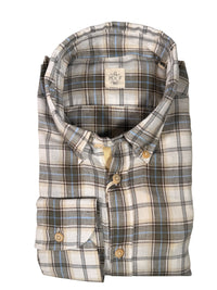 GMF 965 MEN'S LINEN BLEND SPORT SHIRT - SAGE/TAN PLAID