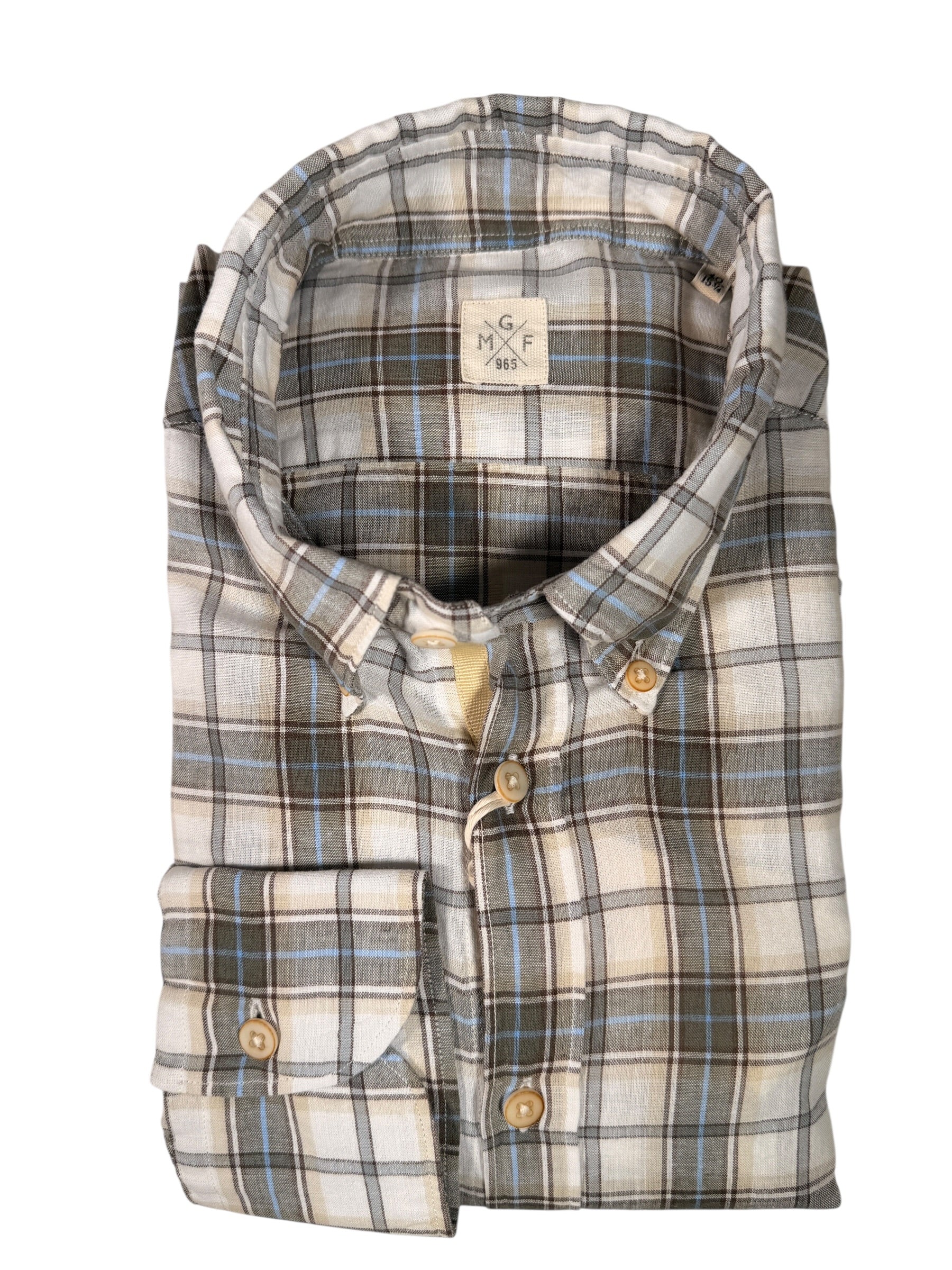 GMF 965 MEN'S LINEN BLEND SPORT SHIRT - SAGE/TAN PLAID