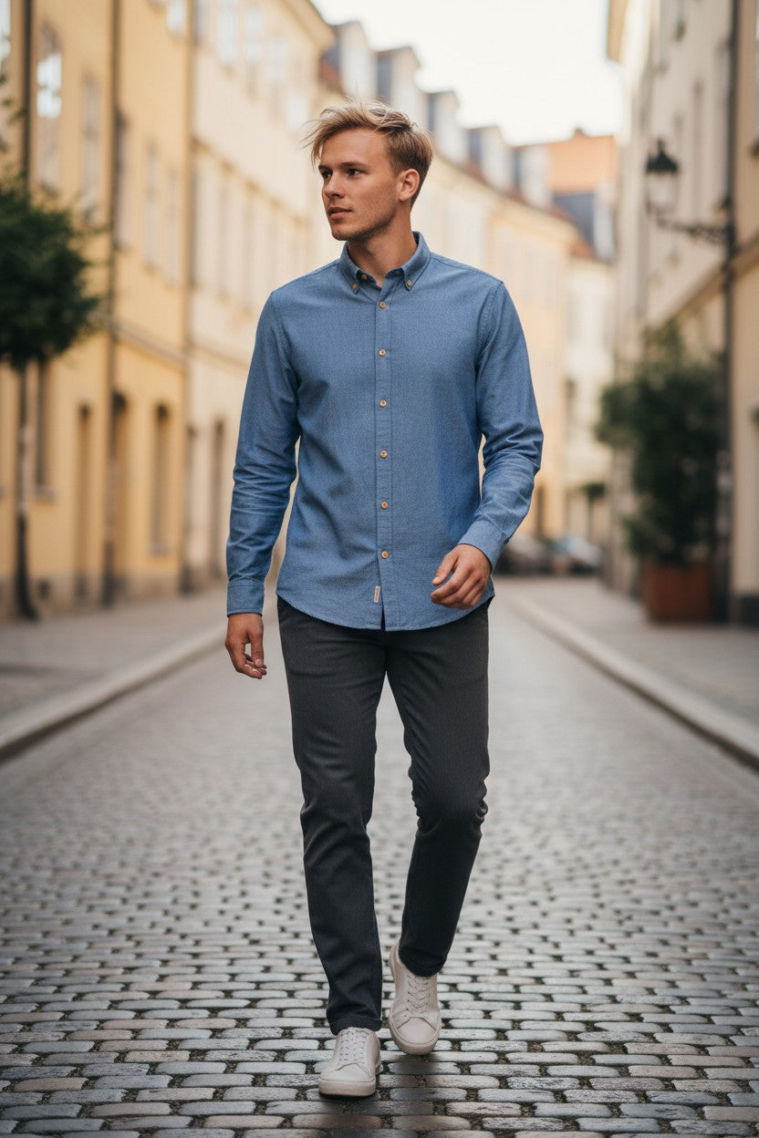 GMF 965 MEN'S DENIM SPORT SHIRT - MID BLUE WASH