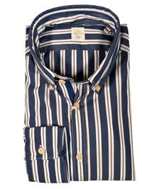 GMF 965 MEN'S COTTON SPORT SHIRT - NAVY/BROWN UNEVEN STRIPE