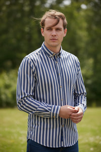 GMF 965 MEN'S COTTON SPORT SHIRT - NAVY/BROWN UNEVEN STRIPE