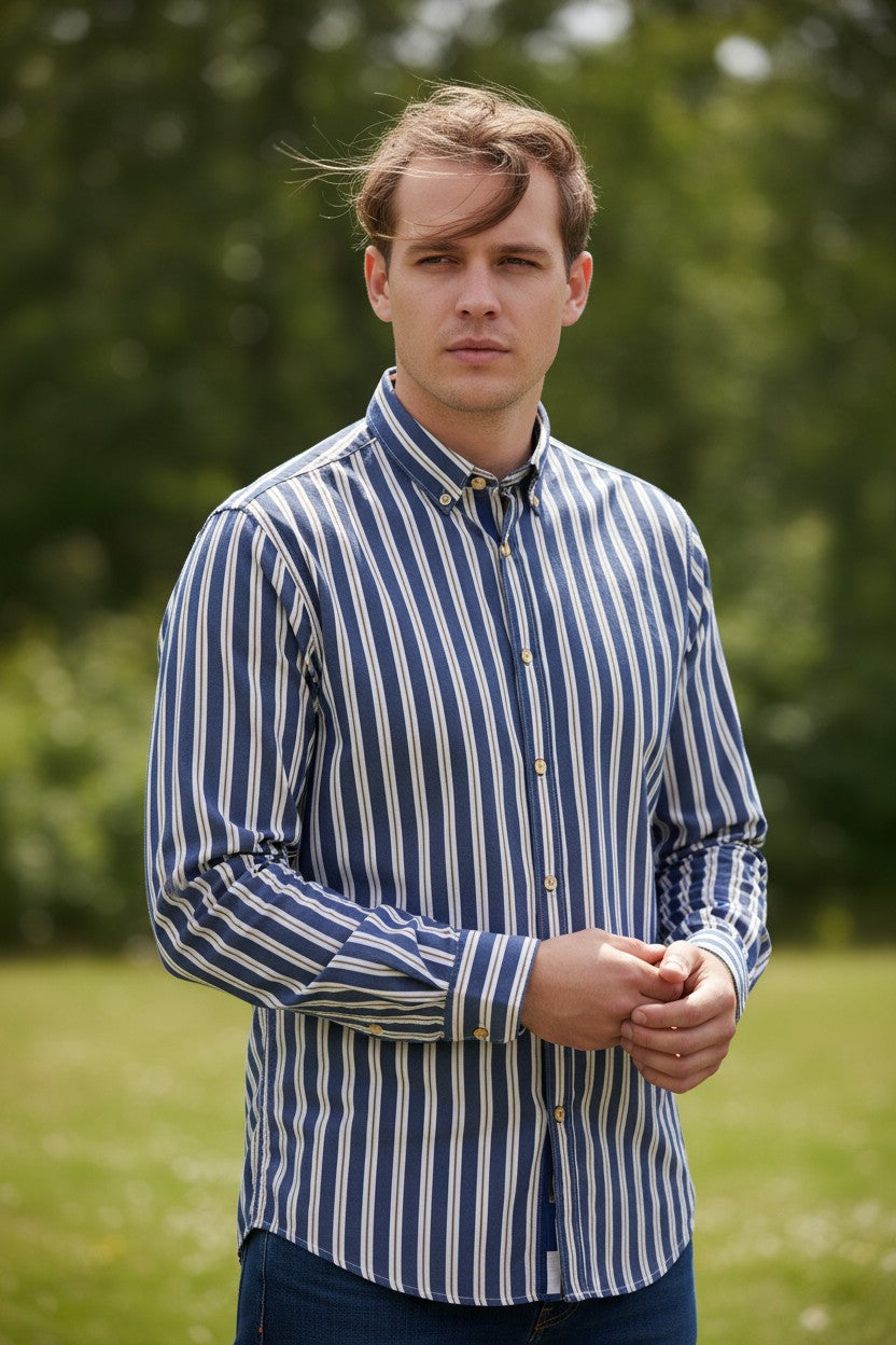 GMF 965 MEN'S COTTON SPORT SHIRT - NAVY/BROWN UNEVEN STRIPE