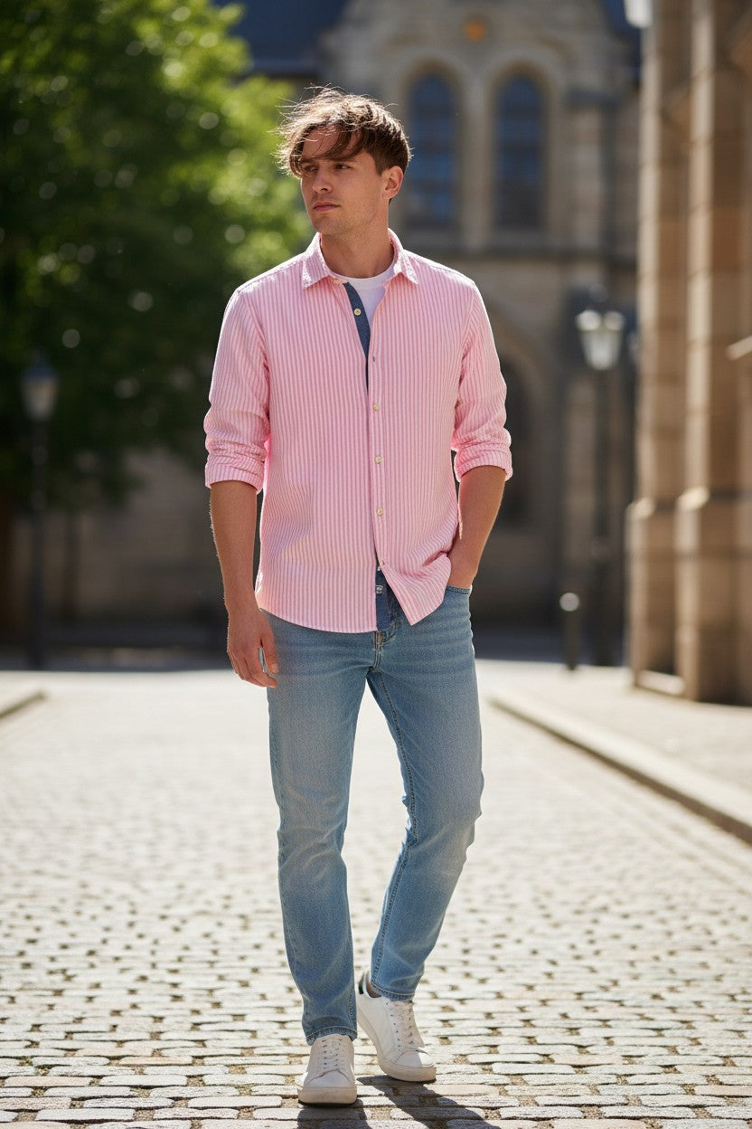 GMF 965 MEN'S COTTON SPORT SHIRT - PINK EVEN STRIPE
