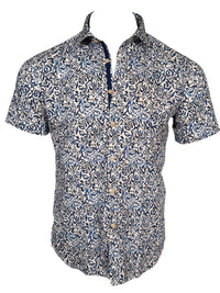 GMF 965 MEN'S COTTON SHORT-SLEEVE SPORT SHIRT - BLUE ABSTRACT FLORAL