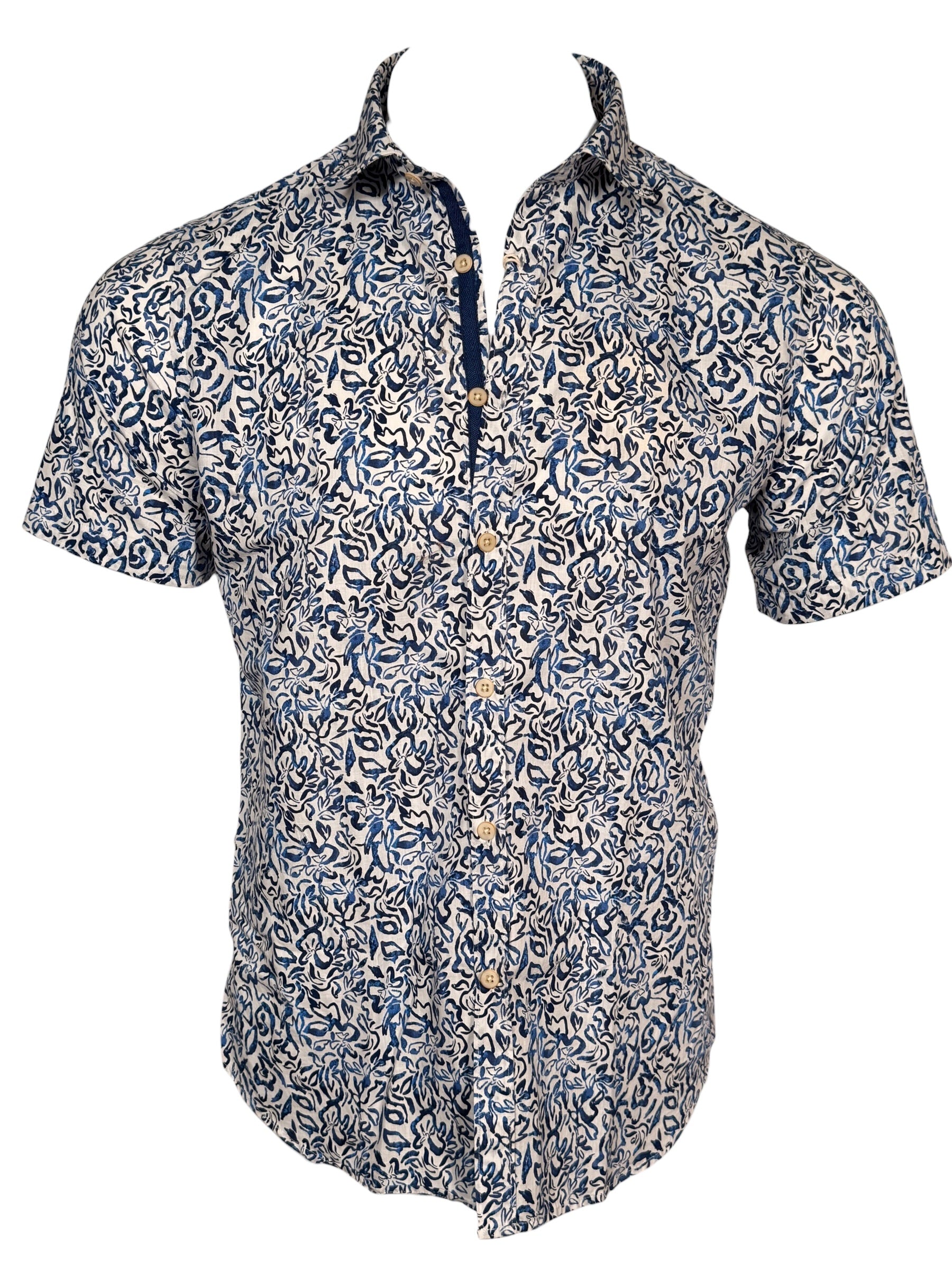 GMF 965 MEN'S COTTON SHORT-SLEEVE SPORT SHIRT - BLUE ABSTRACT FLORAL
