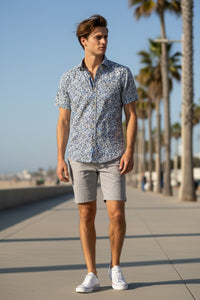 GMF 965 MEN'S COTTON SHORT-SLEEVE SPORT SHIRT - BLUE ABSTRACT FLORAL