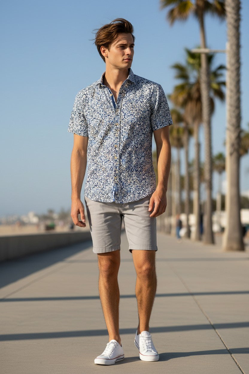 GMF 965 MEN'S COTTON SHORT-SLEEVE SPORT SHIRT - BLUE ABSTRACT FLORAL