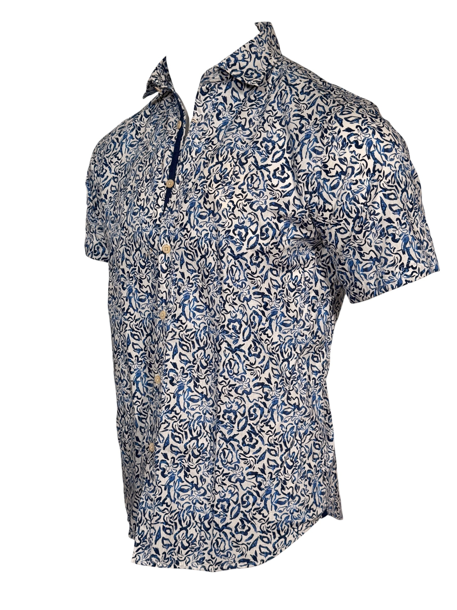 GMF 965 MEN'S COTTON SHORT-SLEEVE SPORT SHIRT - BLUE ABSTRACT FLORAL