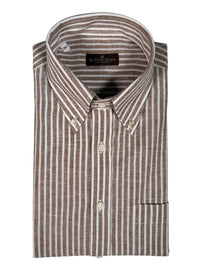 BUTTON DOWN SPORT SHIRT - LINEN BLEND BROWN STRIPE