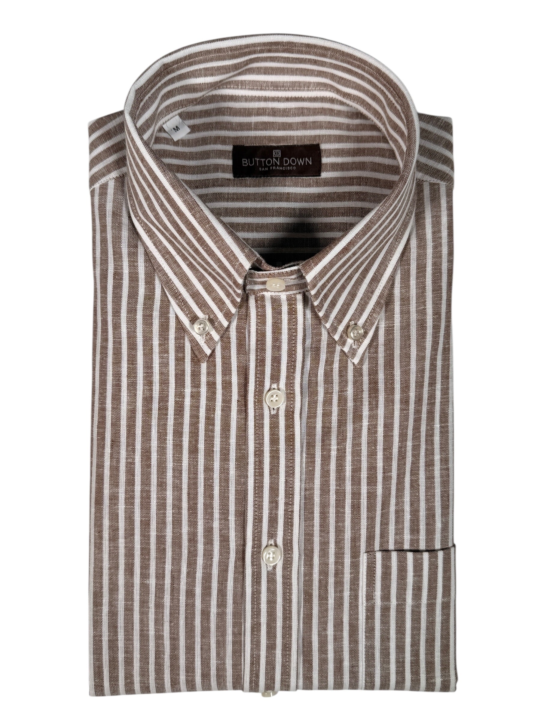 BUTTON DOWN SPORT SHIRT - LINEN BLEND BROWN STRIPE