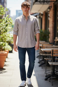 BUTTON DOWN SPORT SHIRT - LINEN BLEND BROWN STRIPE