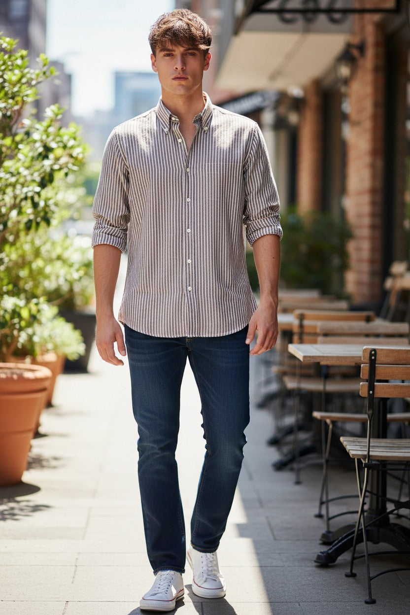 BUTTON DOWN SPORT SHIRT - LINEN BLEND BROWN STRIPE