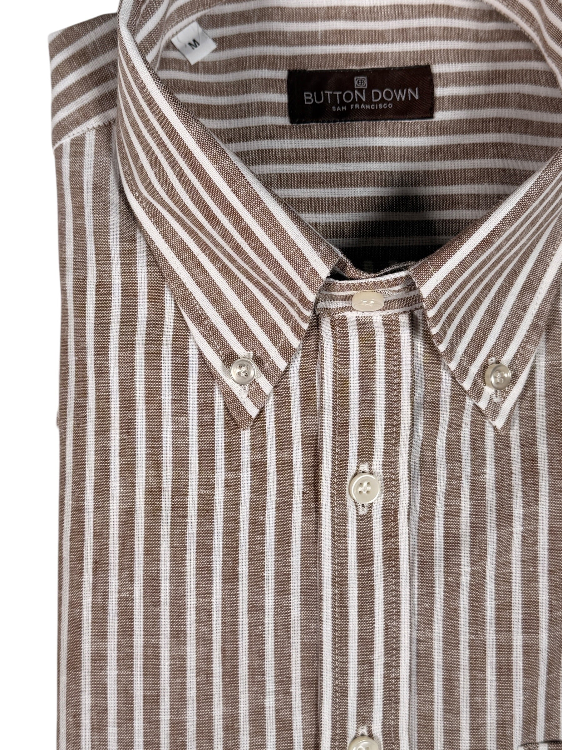 BUTTON DOWN SPORT SHIRT - LINEN BLEND BROWN STRIPE