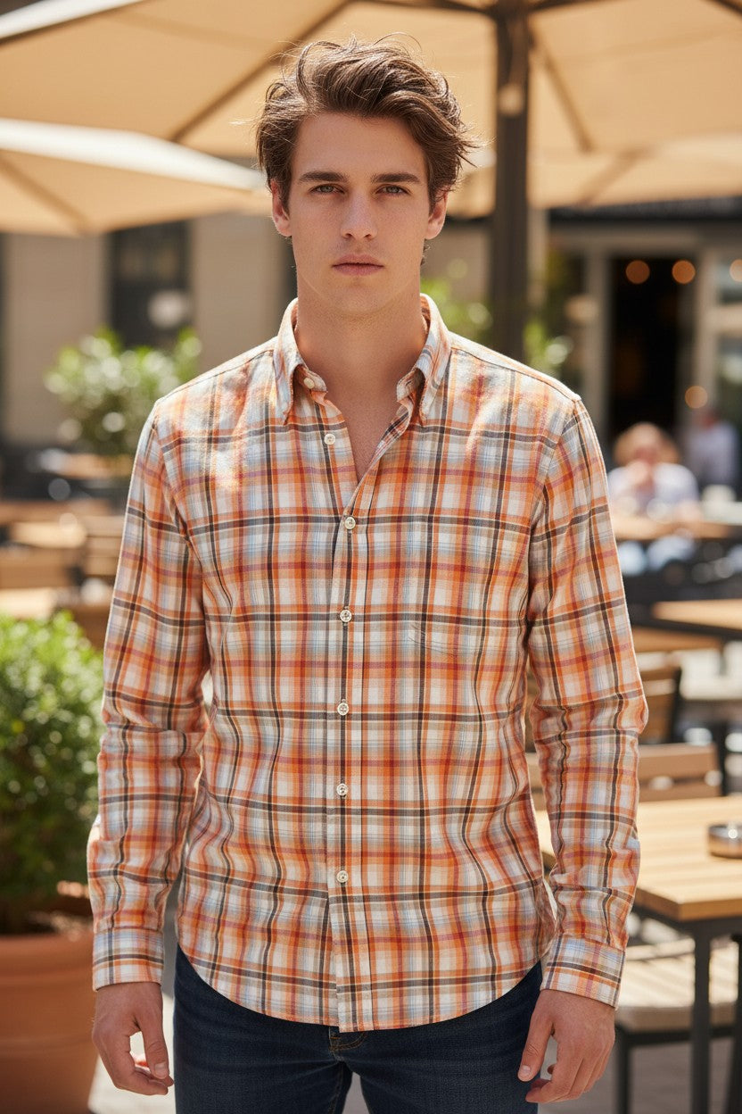 BUTTON DOWN SPORT SHIRT - ORANGE MIX PLAID