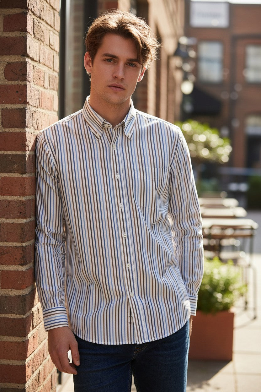 BUTTON DOWN SPORT SHIRT - BROWN QUADCOLOR STRIPE