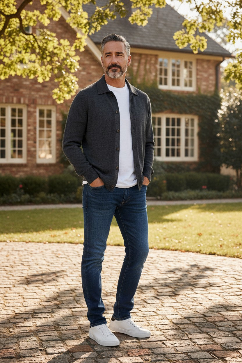 BUTTON DOWN COTTON/CASHMERE CARDIGAN - NAVY