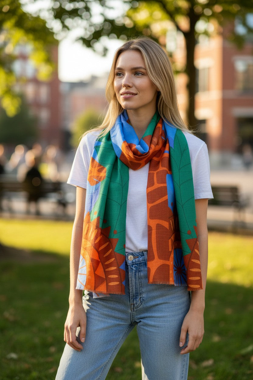 CALABRESE 1924 COTTON/LINEN SCARF - ORANGE GIRAFFE