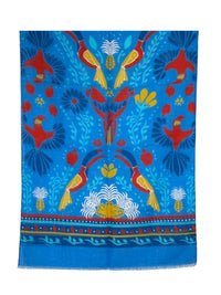 CALABRESE 1924 COTTON/LINEN SCARF - BLUE PARROTS AND TOUCANS