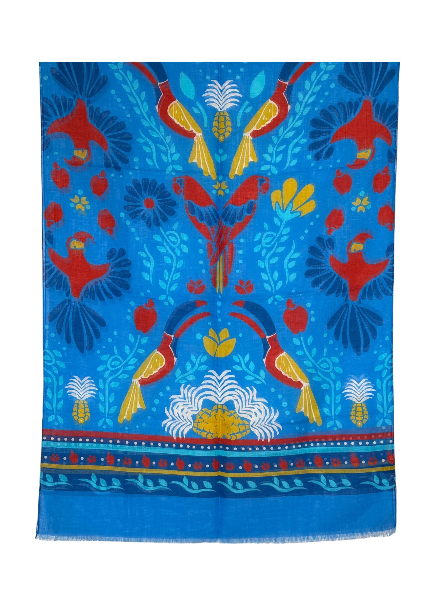 CALABRESE 1924 COTTON/LINEN SCARF - BLUE PARROTS AND TOUCANS