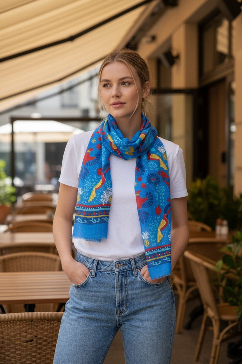 CALABRESE 1924 COTTON/LINEN SCARF - BLUE PARROTS AND TOUCANS