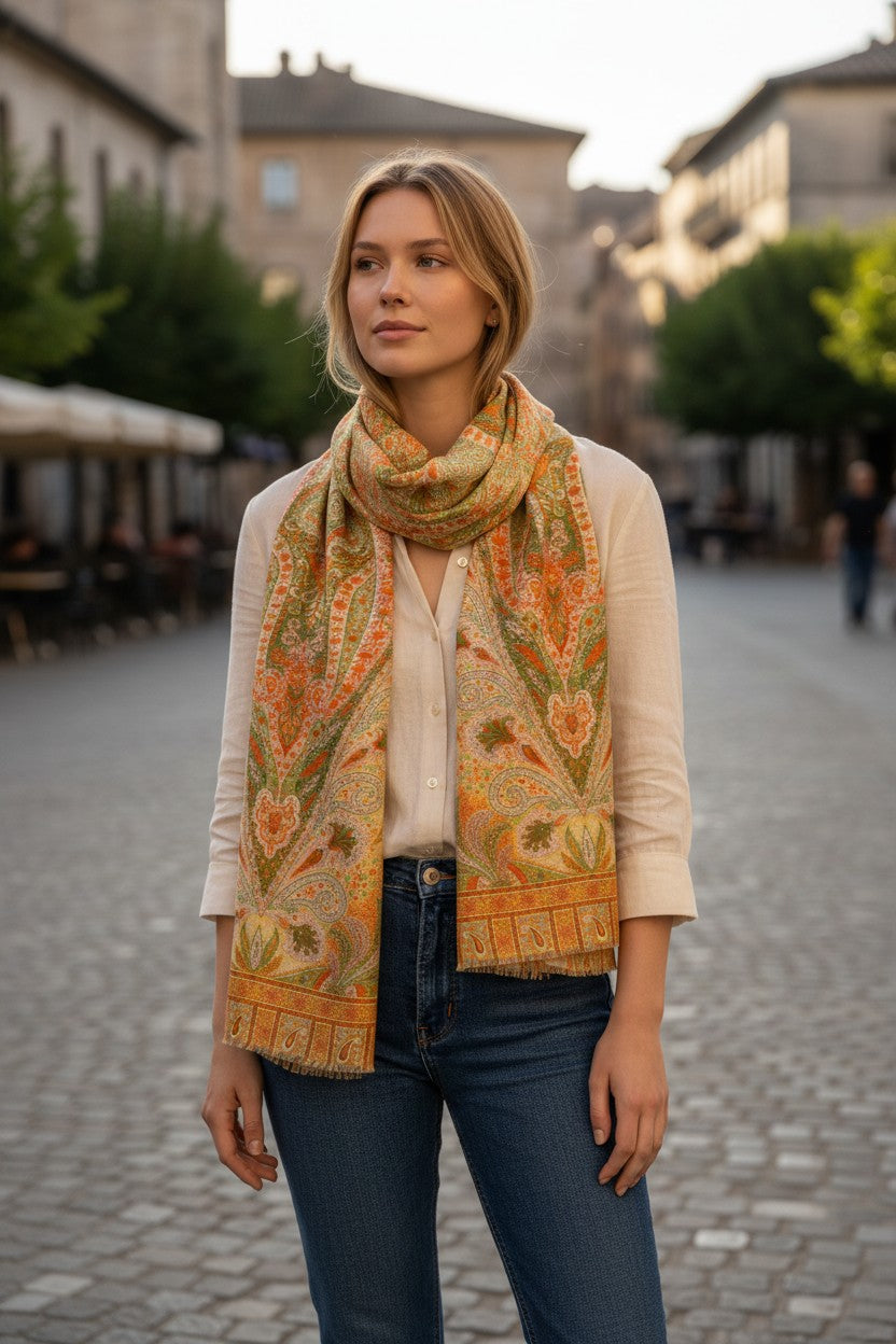 CALABRESE 1924 COTTON/LINEN SCARF - YELLOW AND GREEN STITCH PAISLEY