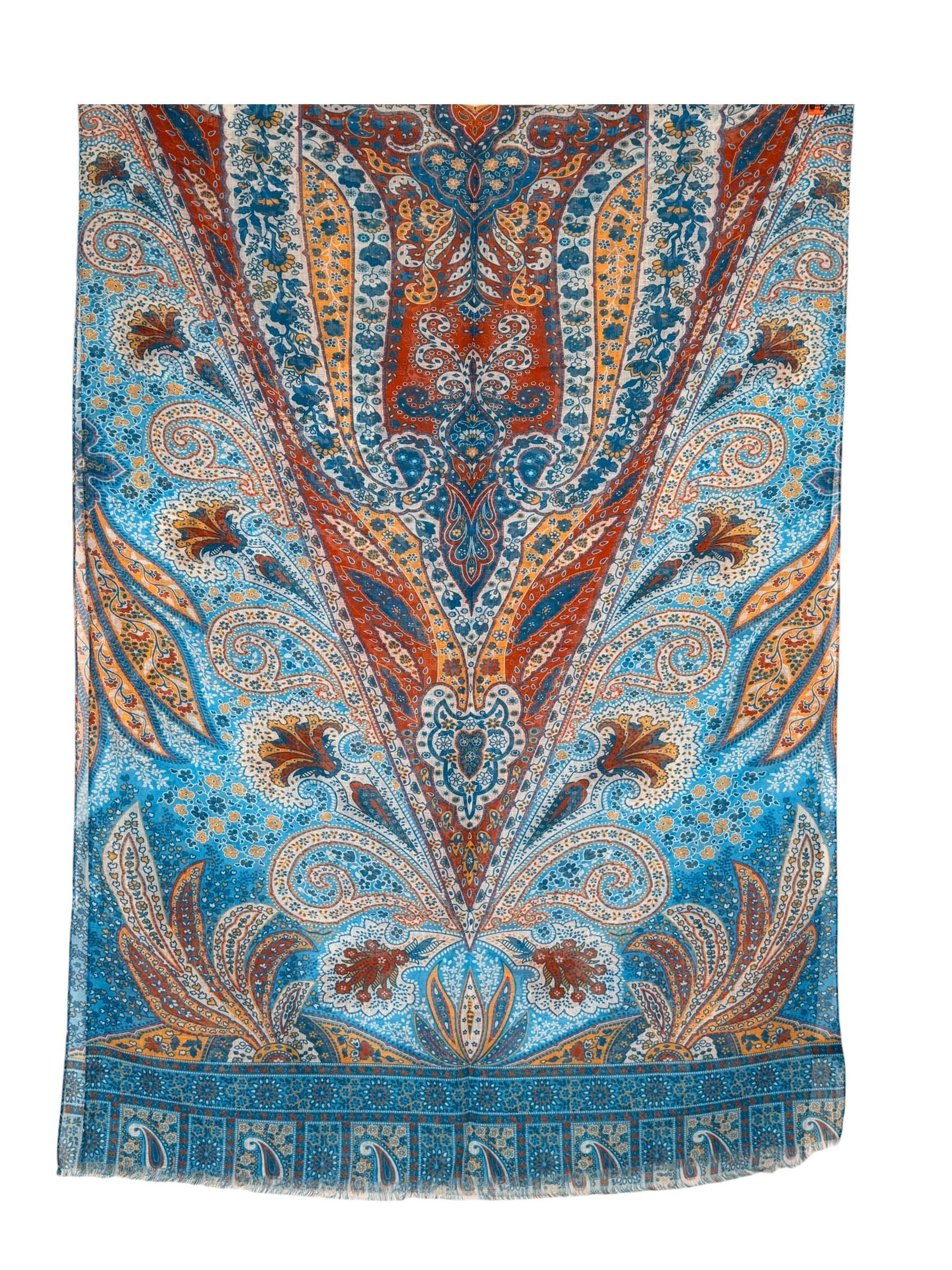 CALABRESE 1924 COTTON/LINEN SCARF - BLUE AND GOLD STITCH PAISLEY