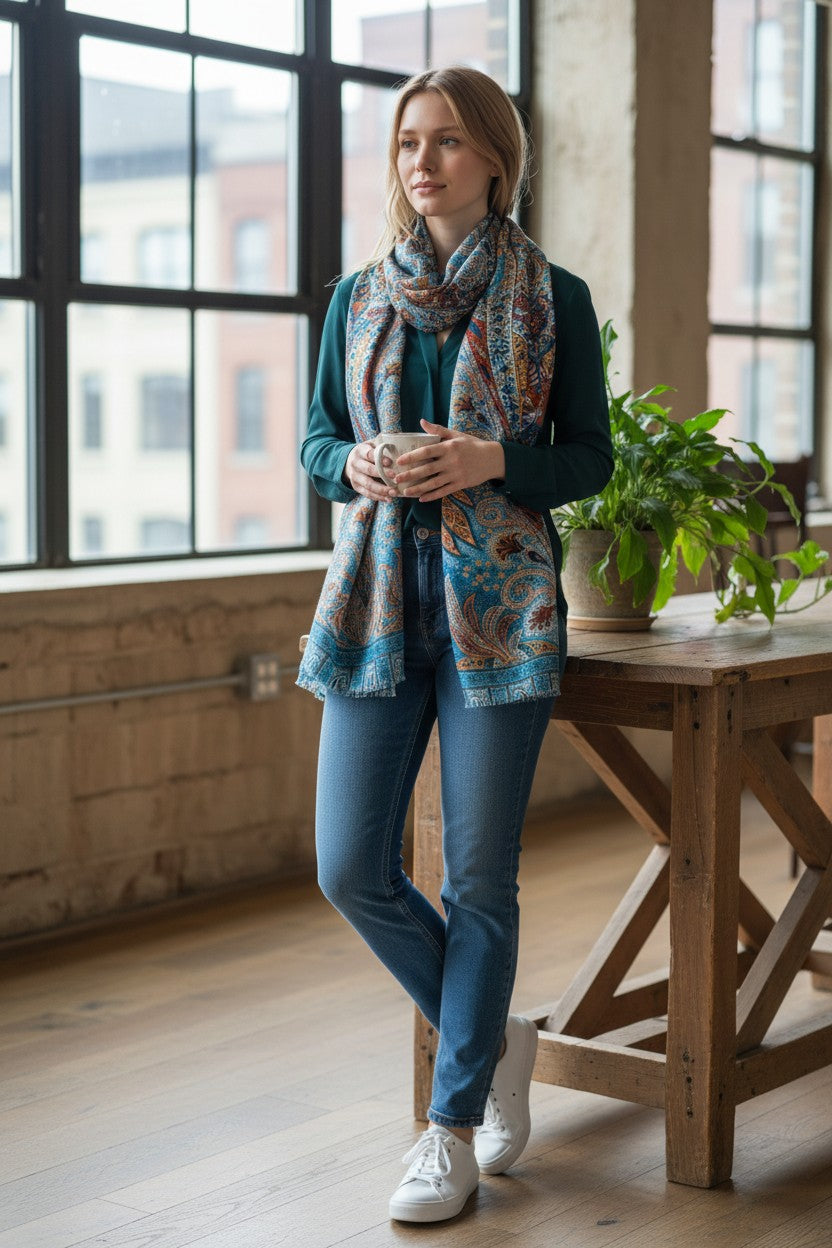 CALABRESE 1924 COTTON/LINEN SCARF - BLUE AND GOLD STITCH PAISLEY