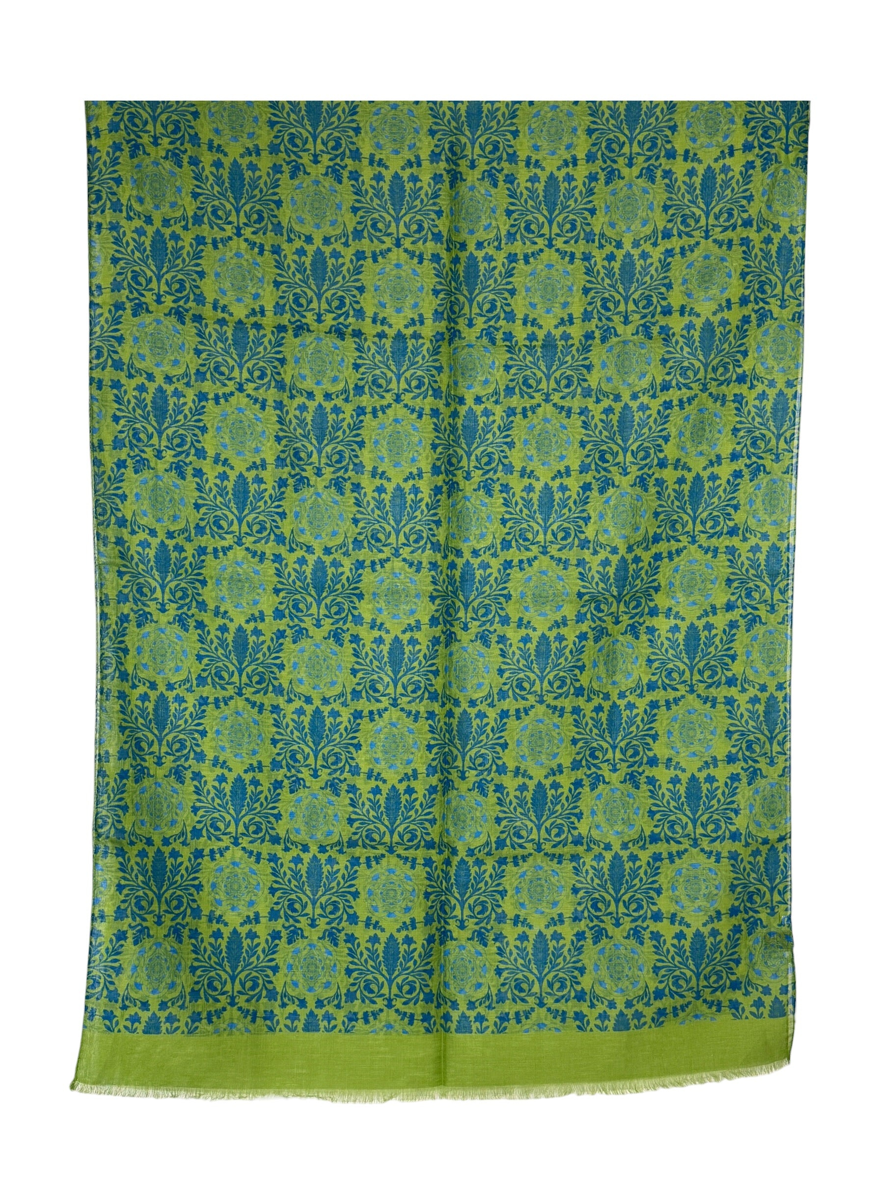CALABRESE 1924 COTTON/LINEN SCARF - GREEN AND BLUE FLORAL MEDALLION