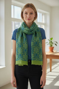 CALABRESE 1924 COTTON/LINEN SCARF - GREEN AND BLUE FLORAL MEDALLION