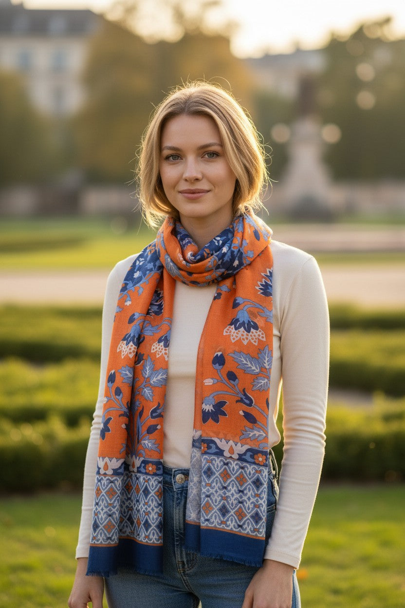 CALABRESE 1924 COTTON/LINEN SCARF - ORANGE FLOWERS