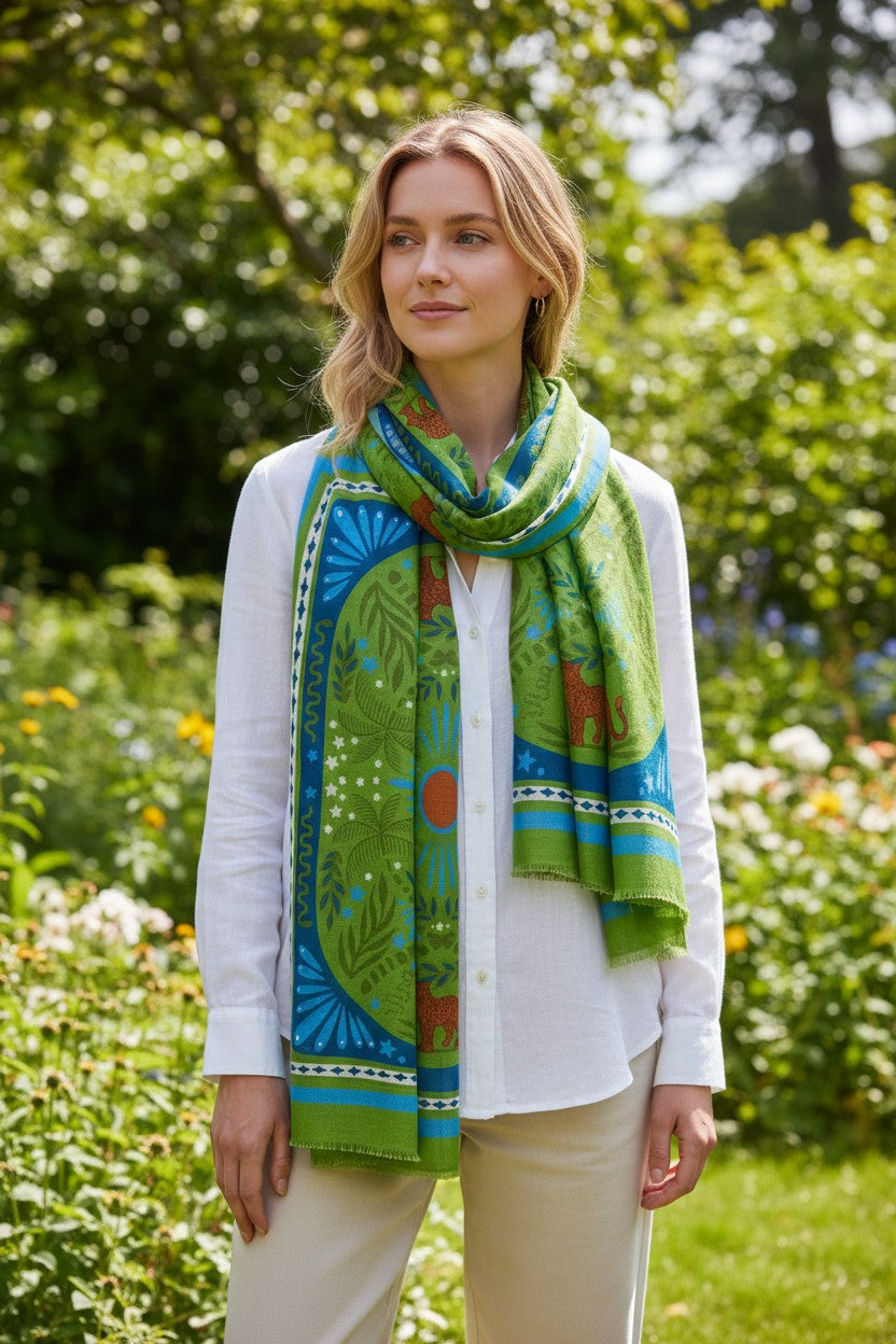 CALABRESE 1924 COTTON/LINEN SCARF - GREEN PALMS