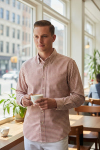 MAZZARELLI LINEN SPORT SHIRT - RED & BROWN CHECK