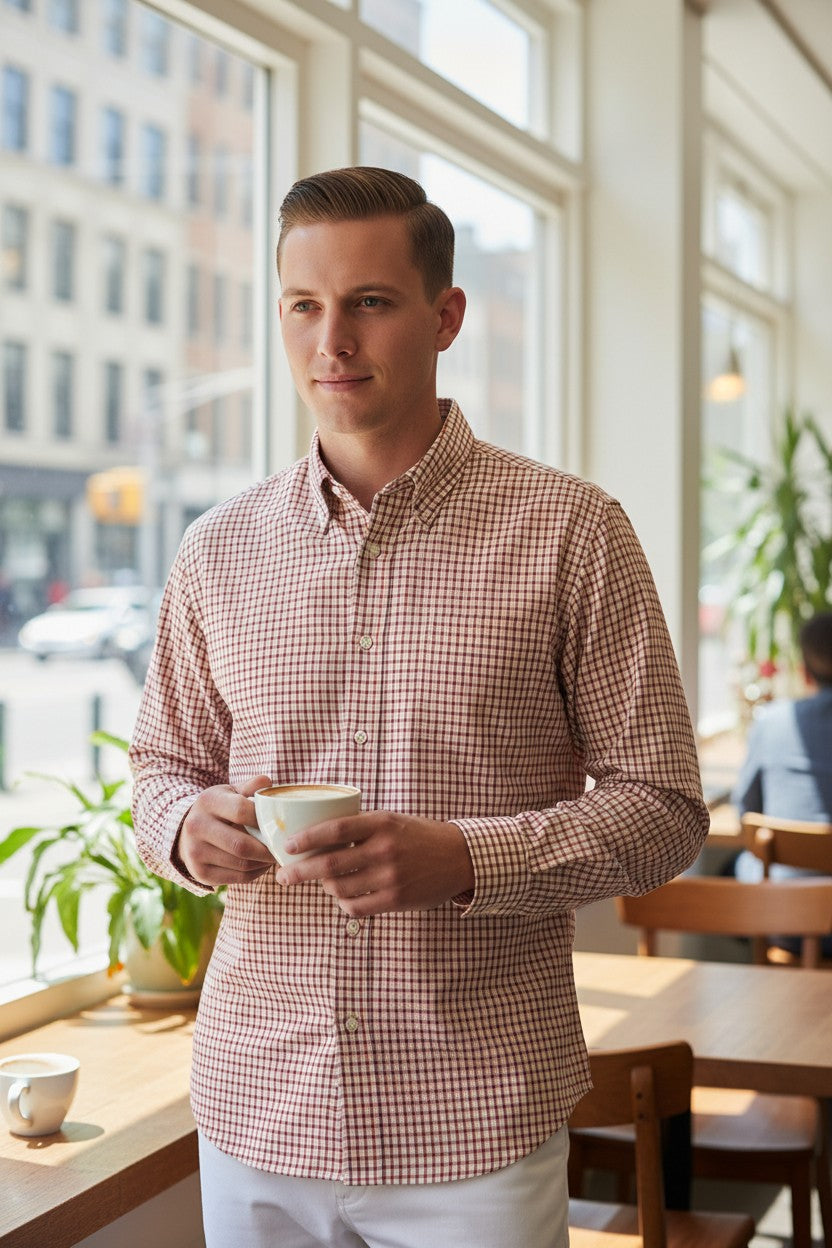 MAZZARELLI LINEN SPORT SHIRT - RED & BROWN CHECK